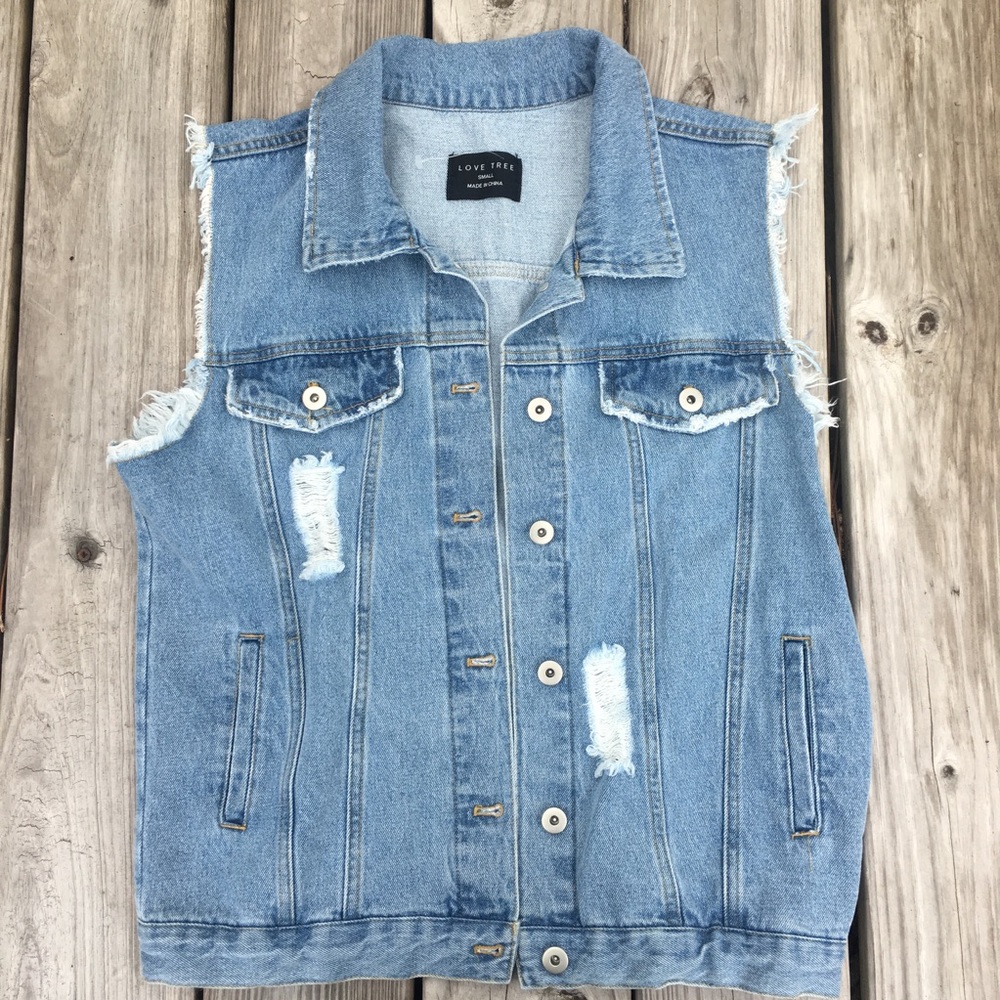 Love Tree Light Blue Distressed Denim Vest